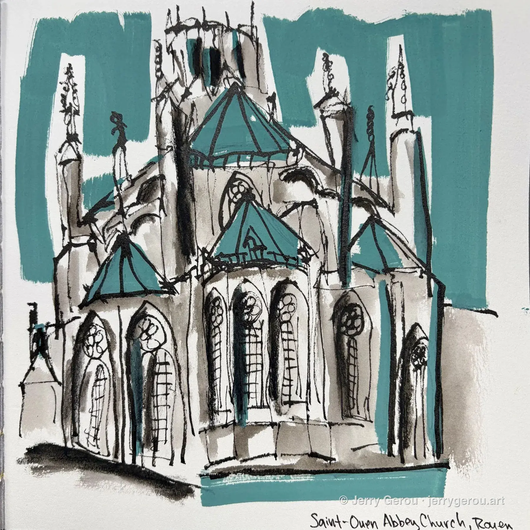 Saint-Ouen Abbey Church, Rouen, Ink, acrylic, and watercolor