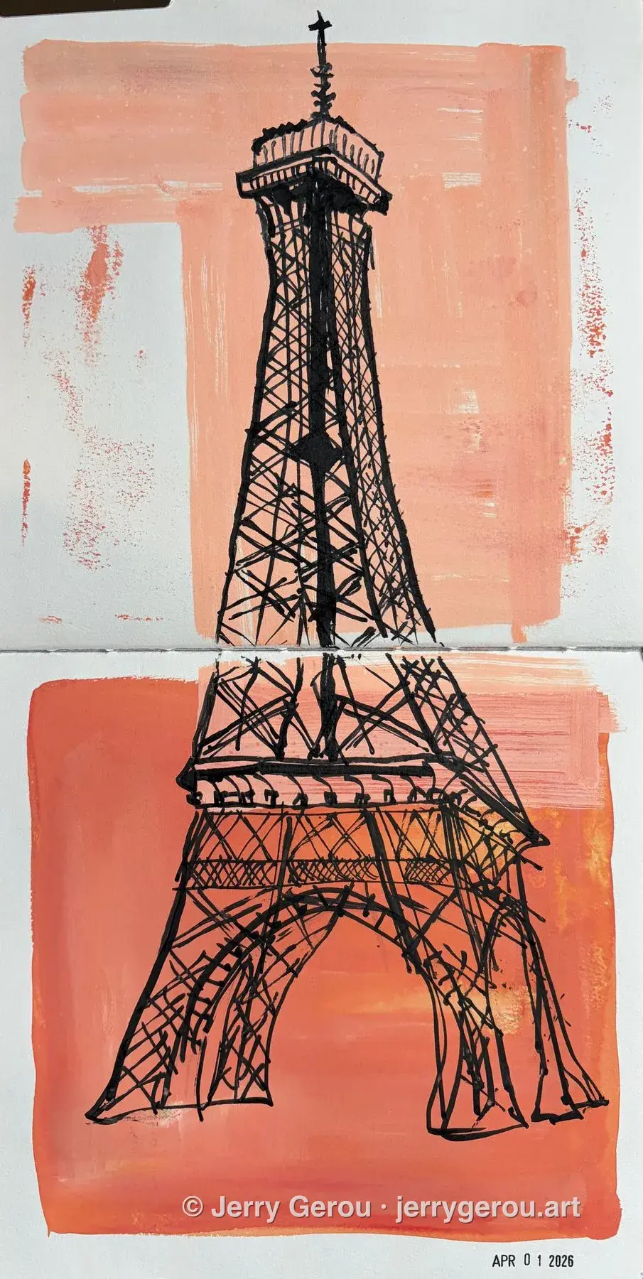 Eiffel Tower I, Ink, acrylic, and gouache