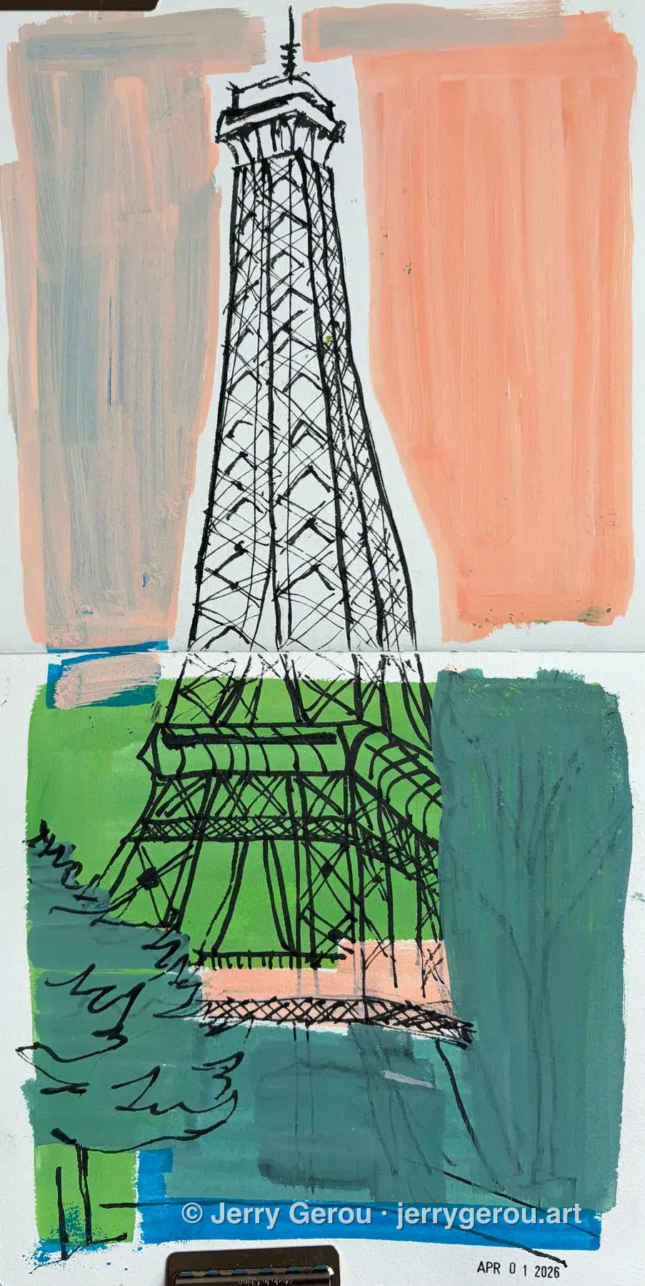 Eiffel Tower II, Ink, acrylic, and gouache